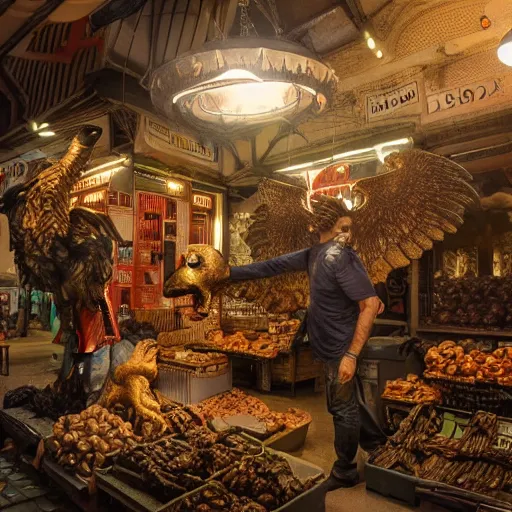 Image similar to buying a griffin at a market in istanbul, hyper detailed, dramatic lighting, cgsociety, realistic, hyper detailed, insane details, intricate, dramatic lighting, hypermaximalist, golden ratio, rule of thirds, octane render, weta digital, micro details, ultra wide angle, artstation trending, 8 k,