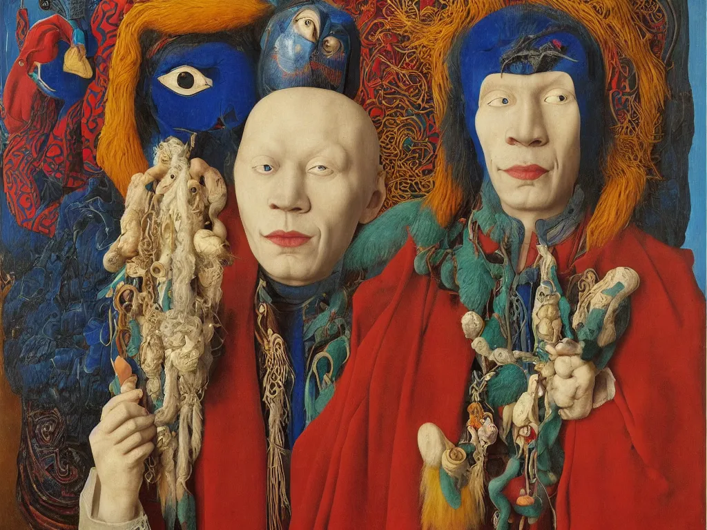 Prompt: portrait of albino mystic with blue eyes, with beautiful exotic, archaic, prehistoric, Tibetan mask. Painting by Jan van Eyck, Audubon, Rene Magritte, Agnes Pelton, Max Ernst, Walton Ford