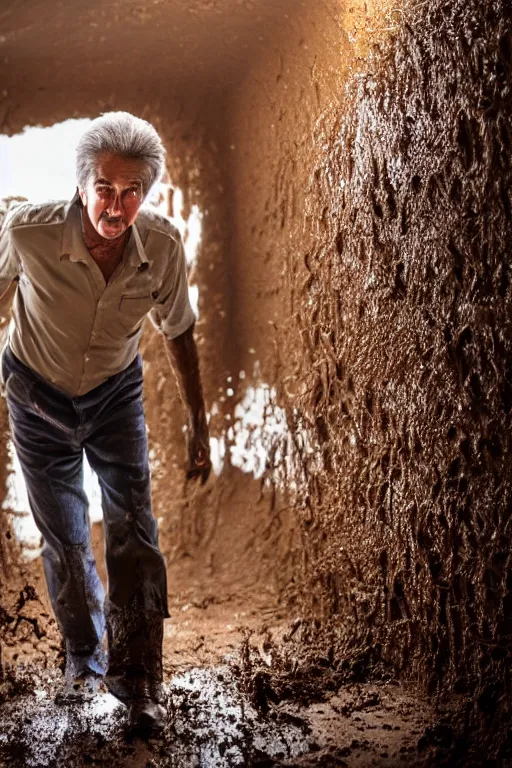 Image similar to cinematic still randy mantooth covered in mud stuck inside a giant flash hole, 4 k, dramatic lighting