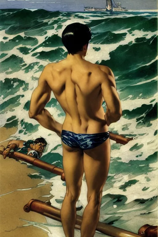 Prompt: attractive man in the ocean, painting by j. c. leyendecker, yoji shinkawa, katayama bokuyo