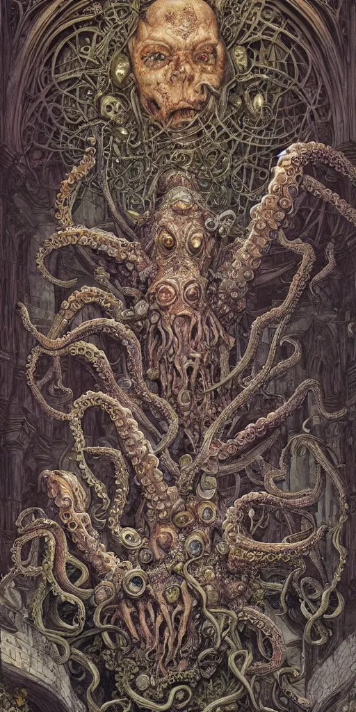 Image similar to mages with human bodies and magical armour with octopus heads sitting near the table in an ancient mage castle with enormous scale, gothic and baroque, brutalist architecture, ultradetailed, Intricate by Josan Gonzalez and John Howe and Giuseppe Arcimboldo