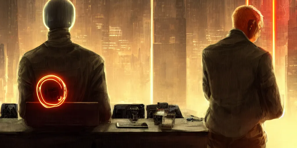 Image similar to An anonymous blonde guard seen from the back sitting in front of a cyberpunk dystopian desk with matrix falling orange text cyberpunk, artstation