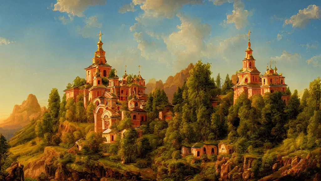 Prompt: High-Quality rococo painting of an orthodox monastery in a valley at dawn by, peaceful, very detailed, digital art.