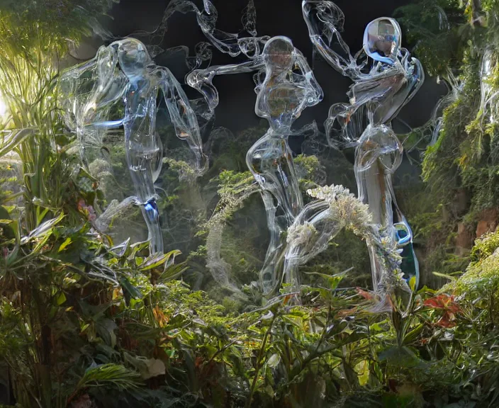 Image similar to transparent clear see - through image of twisting robots, lush botany, floral environment, ultra realistic, concept art, minimalism, photorealistic, octane render, 8 k, unreal engine. art by gustave dore and nori inoguchi and sam kaplan and zachary goulko and christopher marley and artgerm and alphonse mucha