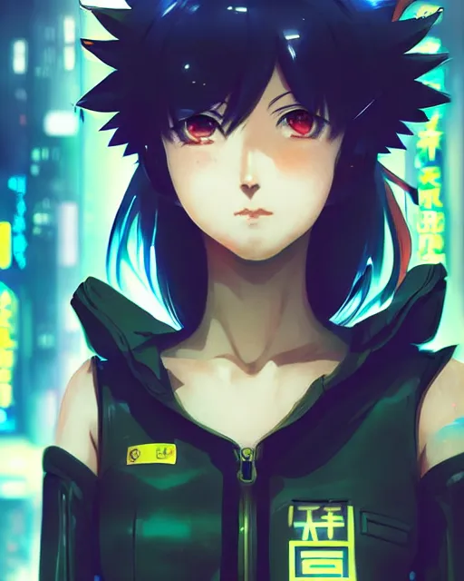 Image similar to portrait of anime girl in mechanic armor in night tokyo by makoto sinkai, my hero academia,cyberpunk, greg rutkowski, perfect face, fine details