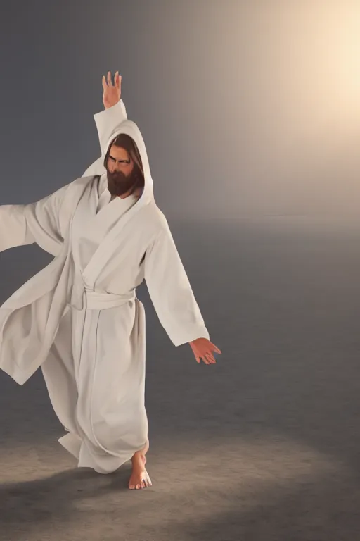 Image similar to jesus christ wearing a white robe strikes a dance pose as the world ends around him, intricate, hyper detailed, accent lighting, dramatic light, 4 k octane render