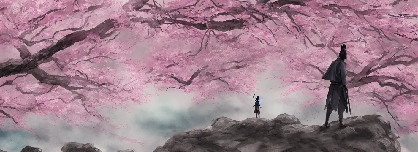 Image similar to A lone samurai watching over a valley of cherry blossom trees, water color painting, concept art, HD