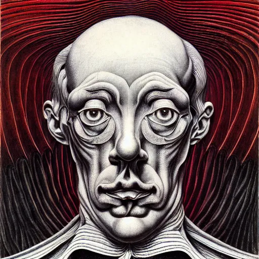 Image similar to red conceptual post - mortem monumental portrait made by escher and william blake and salvador dali, highly conceptual art, intricate detailed painting, illustration sharp detail, manga 1 9 9 0