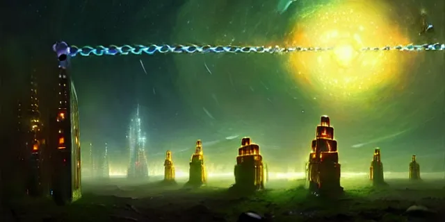 Image similar to a fleet of giant glowing futuristic cubes tied to each other with chains in the sky, a fantasy magical landscape seen in the distance, atmospheric lighting, intricate, volumetric lighting, beautiful, sharp focus, ultra detailed, in the art style of marc simonetti, bowater charlie and brom gerald, astrophotography