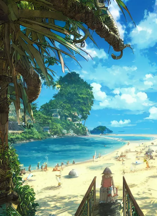 Image similar to Fantasy tropical port town first-person view of the beach. hidari, color page, tankoban, 4K, tone mapping, Akihiko Yoshida.