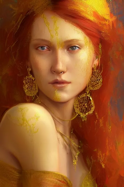 Image similar to Highly detailed painting of a beautiful young woman with long red hair by Craig Mullins and Ross Tran, subtle smile, wearing a fancy dress, Golden fabric Background, Golden thread, intricate patterns, Emerald Earrings, ambient lighting, Trending on artstation, pinterest, cgsociety, 4k, 8k, HDR, award winning, unreal engine