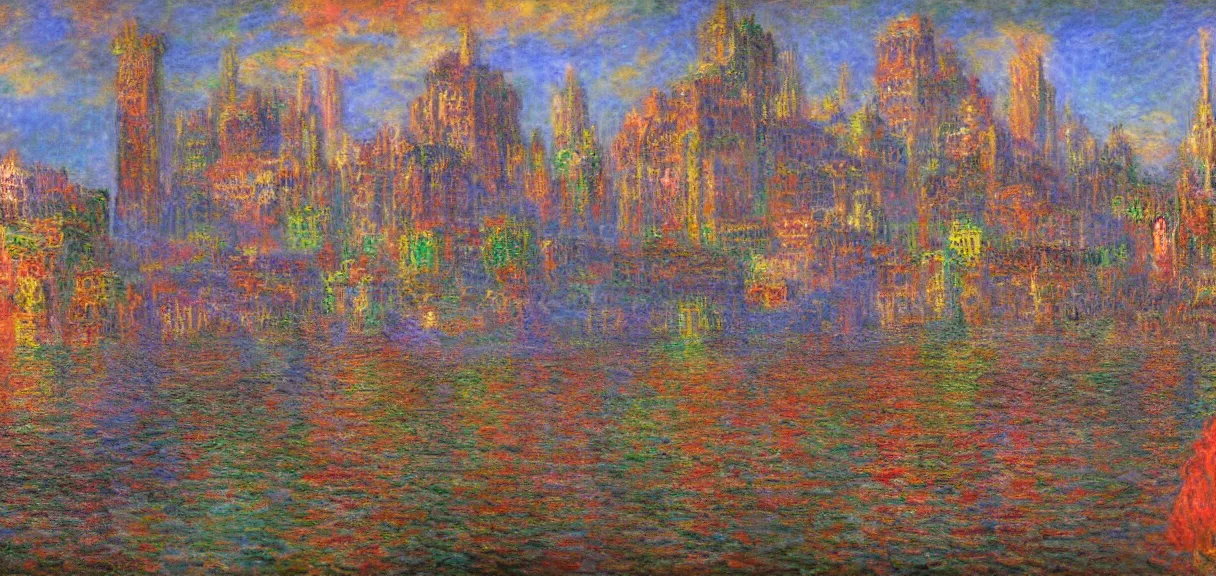 Image similar to a steampunk city in the style of claude monet, digital art.