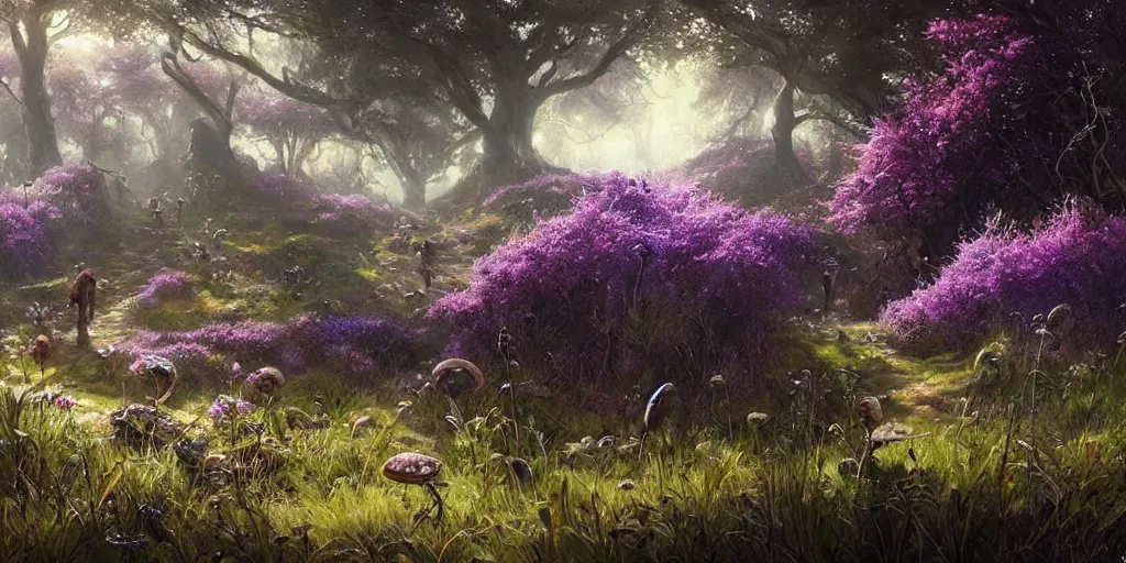 Prompt: beautiful hyper realistic scenery filled with purple crystals, overgrowth of grass, plants, mushrooms, beautiful painting by greg rutkowski set in lord of the rings, starcraft, atmosphere, ethereal, magic, amazing, positive vibes