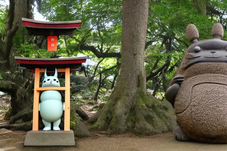 Image similar to shinto shrine statue of totoro in a wooden shrine