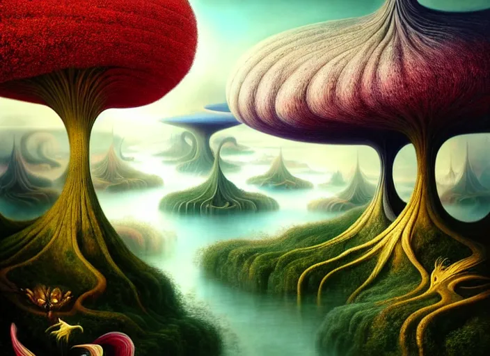 Image similar to a beguiling epic stunning beautiful and insanely detailed matte painting of the impossible winding path through imaginary worlds with surreal architecture designed by Giuseppe Arcimboldo, mega structures inspired by Heironymous Bosch's Garden of Earthly Delights, vast surreal landscape and horizon by Asher Durand and Cyril Rolando and Natalie Shau and Ernst Fuchs, colorful otherworldly trees, masterpiece!!!, grand!, imaginative!!!, whimsical!!, otherworldly, epic scale, intricate details, sense of awe, elite, wonder, insanely complex, masterful composition!!!, sharp focus, fantasy realism, dramatic lighting