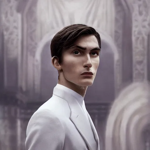 Prompt: portrait of a regal prince with sharp cheekbones, white clothes, high collar, close up, wistful melancholic hopeful expression, super details, crowd of angry people staring at him in the background, modern digital art, matte painting, science fiction