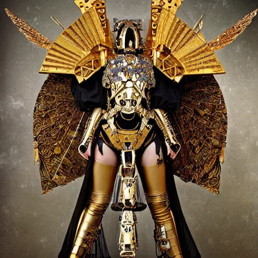 Image similar to wh 4 0 k haute couture scale armour paladin editorial by klimt, biomechanical hornet with metal couture wings by malczewski, ornate wh 4 0 k chaos lord in gold, bismuth and obsidian by giger, on cosmic background by alphonse mucha