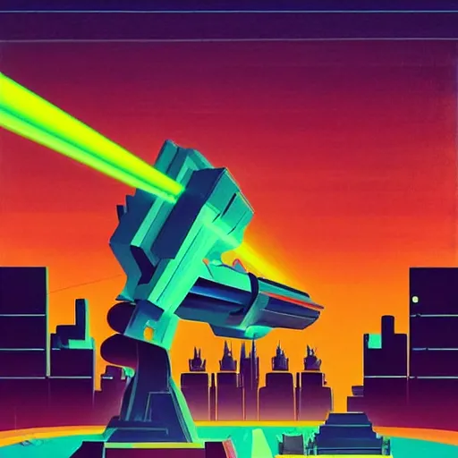 Prompt: an art deco painting of giant robots shooting laser beams from their eyes, above a city on fire, textured, by tom whalen, behance contest winner, retrofuturism, poster art, reimagined by industrial light & magic