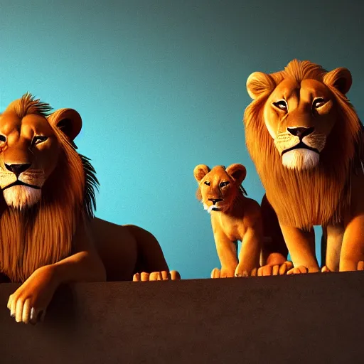 Image similar to A family of lions, illustrated by Maria Panfilova, dappled red lighting, trending on artstation, artstationHQ, artstationHD, artstation 3D render, unreal engine, 4k, 8k