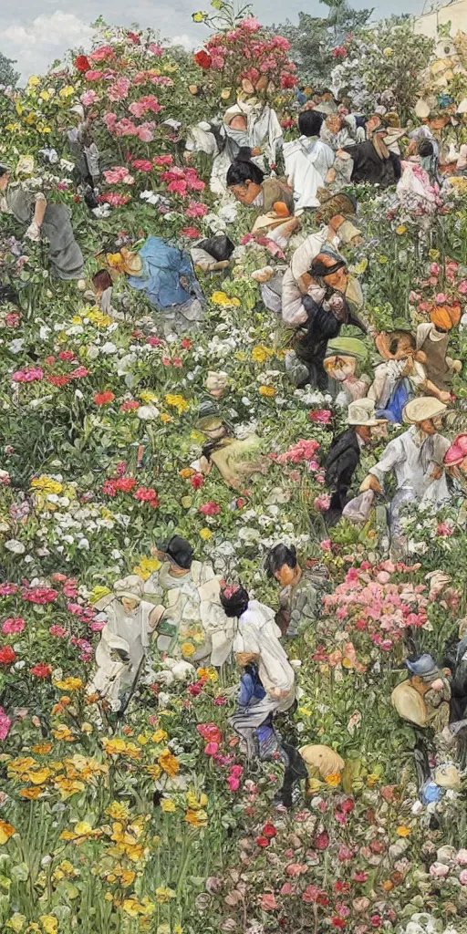 Prompt: oil painting scene from gardeners crowd in the flower garden by kim jung gi