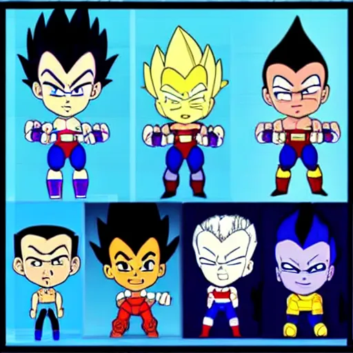 Image similar to vegeta in several different cartoon styles