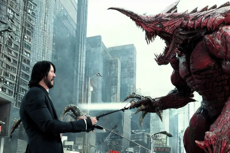 Image similar to film still of john wick fighting a kaiju in tokyo in the new pacific rim movie