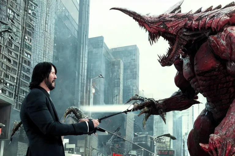 Prompt: film still of john wick fighting a kaiju in tokyo in the new pacific rim movie