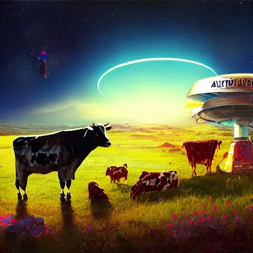 Image similar to ufo over the cow, Bright colors, fantastic landscape, hyperrealism, no blur, 4k resolution, ultra detailed, style of Anton Fadeev, Ivan Shishkin, John Berkey