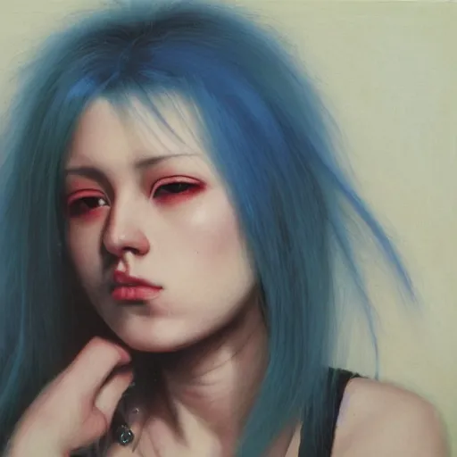 Prompt: A young woman with dyed hair hair looking disgusted away from the camera, Punk, Portrait by Noriyoshi Ohrai, rendered in octane, oil on canvas