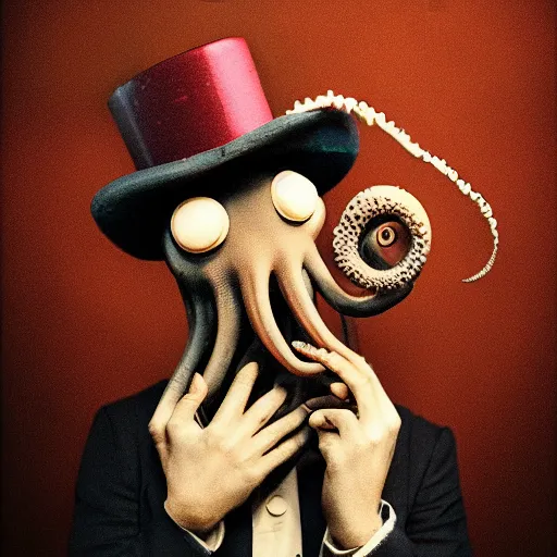 Image similar to an octopus wearing a tophat and smoking a cigarette, chiaroscuro, medium shot, cinematic promo material