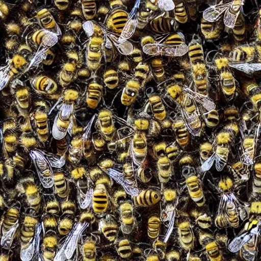 Image similar to photograph of a bee swarm attacking a skeleton army