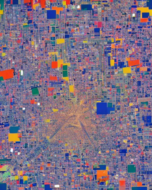 Image similar to a satellite view of an industrial city with geometric shapes mixed with portrait photography by tristan eaton, glitches, primary colors