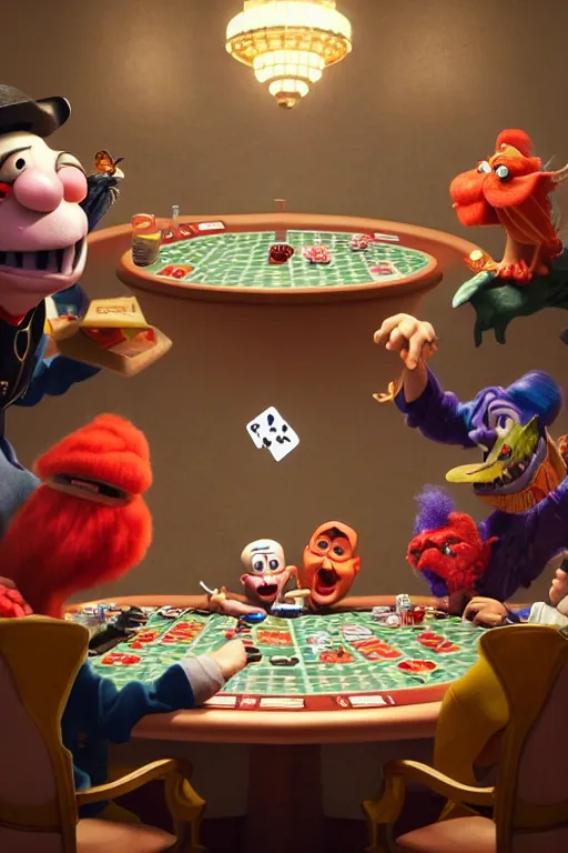 Image similar to pixar serious people playing poker, an angry clown is sitting at the table, screaming | glamorous oily soft polished rich ornate modern | weta disney pixar movie still photo | hi - fructose, sci fi fantasy, smooth, octane render, sharp focus, artstation, concept art | artgerm, mucha, rutkowski, feng zhu, wlop, loish