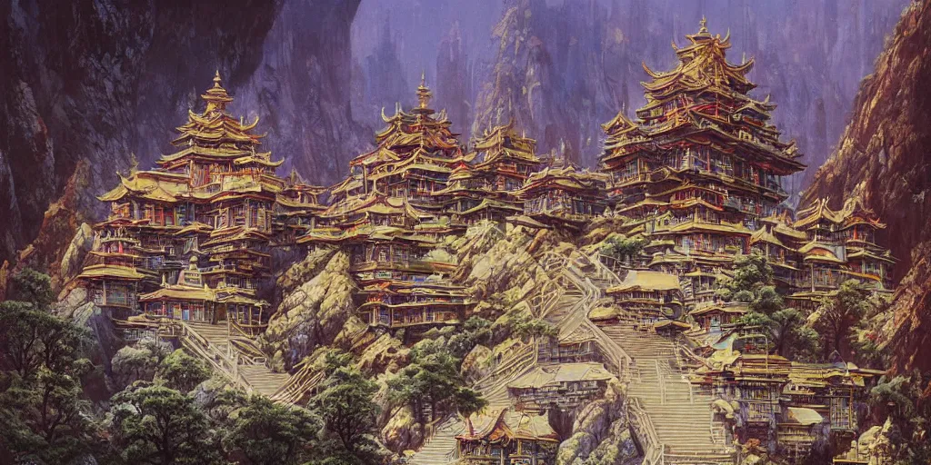 Prompt: Cyberpunk Dzogchen Mountain Temple, by Bruce Pennington