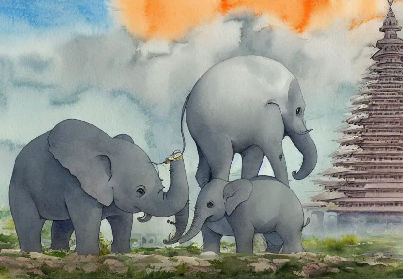Image similar to a hyperrealist watercolor concept art from a studio ghibli film showing a giant grey dumbo the elephant. a hindu temple is under construction in the background in india on a misty and starry night. by studio ghibli. very dull muted colors