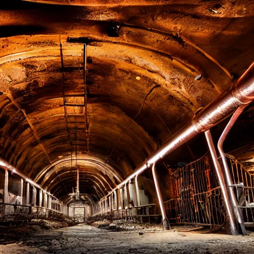 Image similar to underground copper mine, rusty pipes, high ceiling