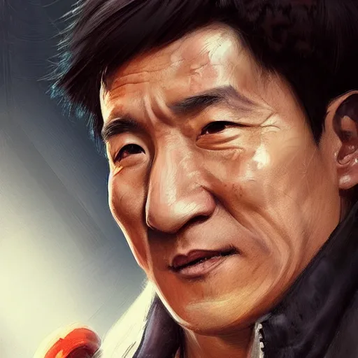 Image similar to “Portrait of young Jackie Chan by Greg Rutkowski, young, manly, attractive, strong, older brother vibes, highly detailed portrait, scifi, digital painting, artstation, concept art, smooth, sharp foccus ilustration, Artstation HQ”