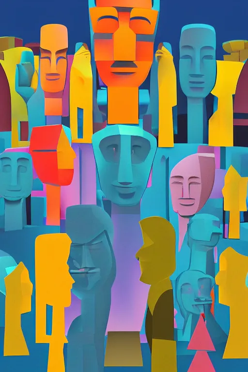 Image similar to cubist moai statue cutout digital illustration cartoon colorful beeple