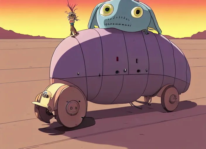 Prompt: a cell shaded cartoon of a lovecraftian mechanized snail from howl's moving castle ( 2 0 0 4 ), on a desert road, in front of a pale full moon, full body, wide shot, very dull muted colors, studio ghibli, laurie greasley, highly detailed, deviantart, art by artgem