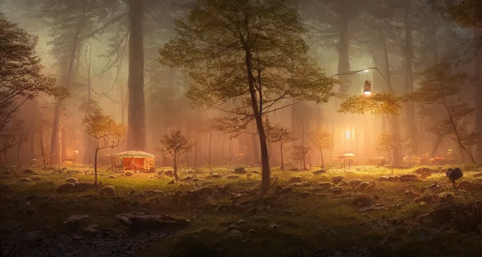 Image similar to A quiet tavern in the middle of a forgotten magical forest, large trees, mushrooms, atmospheric, rendered by simon stålenhag, rendered by Beeple, Makoto Shinkai, syd meade, environment concept, digital art, starwars, Gundam Style, unreal engine, 3 point perspective, WLOP, trending on artstation, low level, 4K UHD image, octane render,