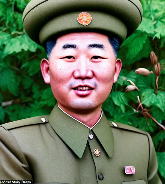 Image similar to colour araki nobuyoshi style close - up photography of detailed north korean kim chen with detailed smiling face, smelling detailed weed bush