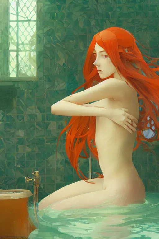 Image similar to a girl with long hair lying in a bathroom bath at afternoon, green and orange theme, s line, 4 5 angel by krenz cushart and mucha and makoto shinkai and greg rutkowski, 4 k resolution