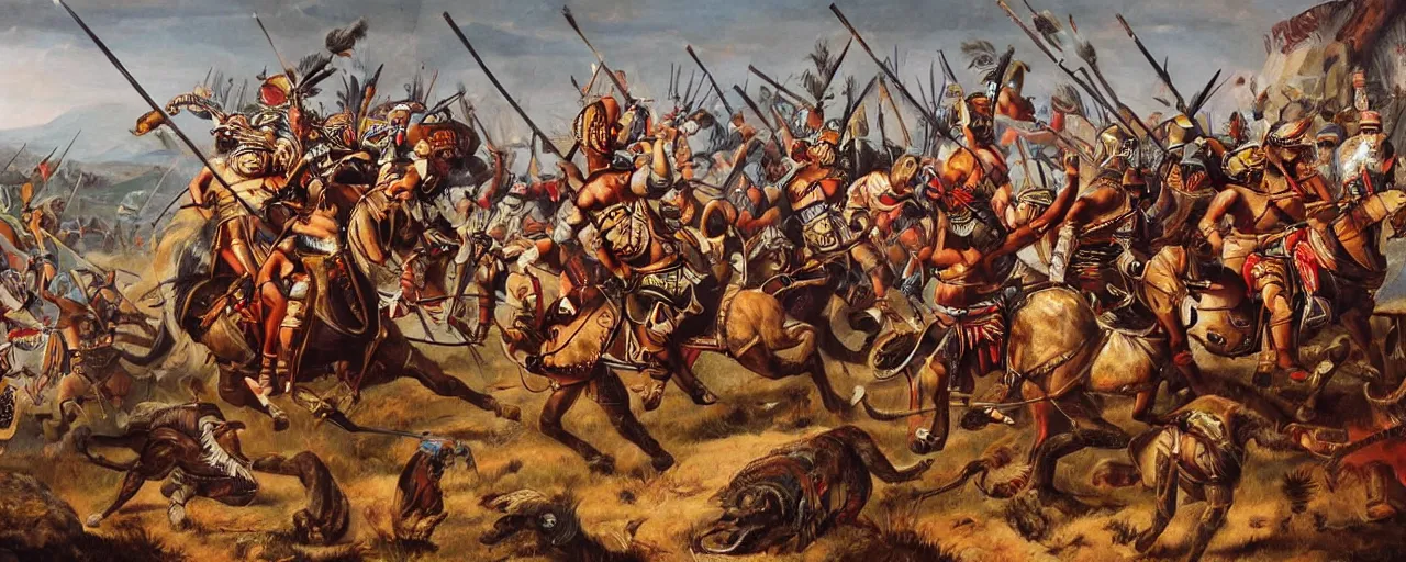 Prompt: spaniards conquerors fighting aztec jaguar warriors between the mexican pyramids, daniel lezama painting style, hyperrealistic, highly detailed