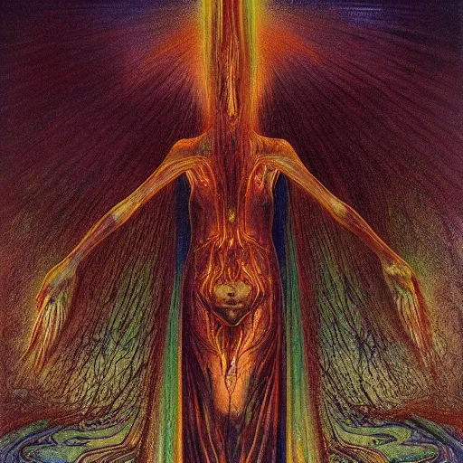 Image similar to dark shrouded woman performing ethereal ritual, expanding energy, epic surrealism oil paint by Ernst Fuchs, Zdzislaw Beksinski, Katsuhuro Otomo highly detailed