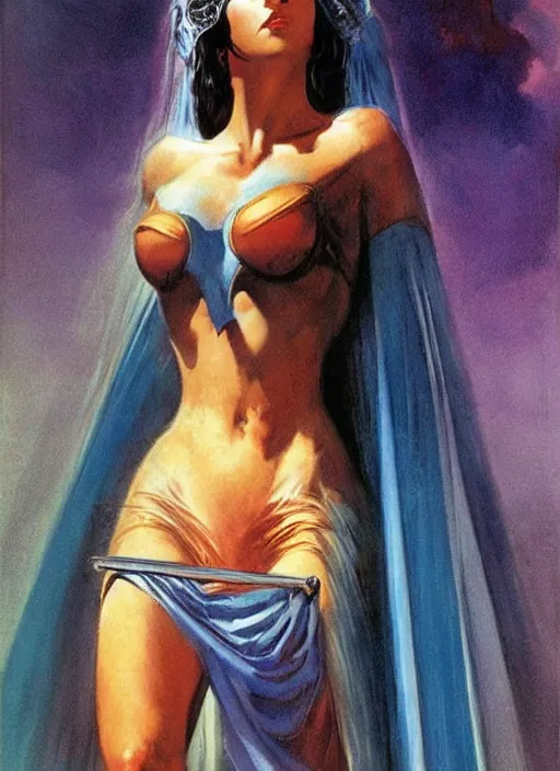 Prompt: portrait of mighty plump female sorceress, blue tiara and veil, lightning halo, strong line, muted color, beautiful! coherent! by frank frazetta, by boris vallejo