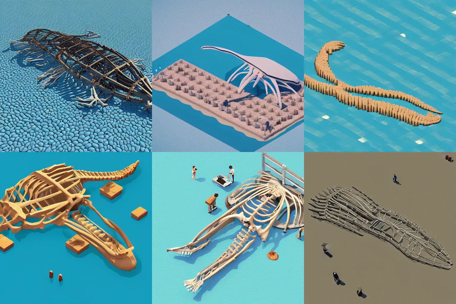 Prompt: a giant whale skeleton picked clean on a beach, voxel art, isometric