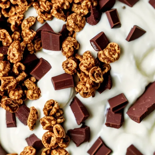 Prompt: a closeup shot of vanilla yoghurt with chocolate cereal. Highly detailed