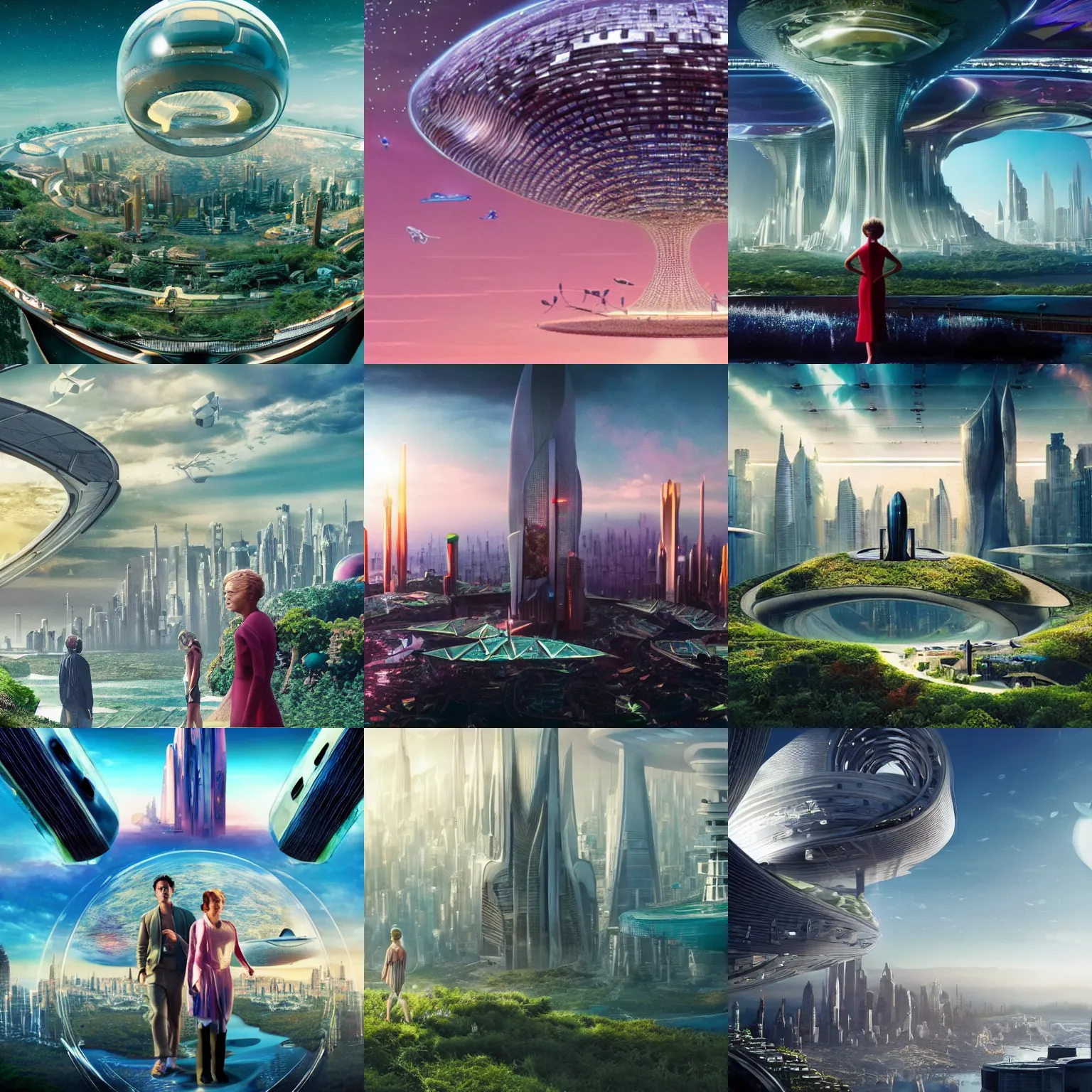 Prompt: a futuristic environmentally friendly utopian city, abundance, life, beauty, movie still
