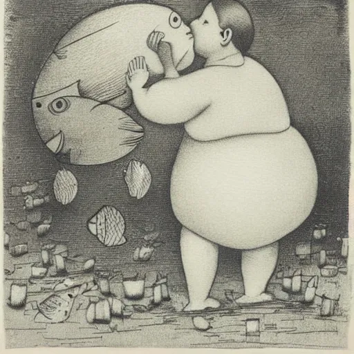 Image similar to the same style. the most beautiful little fat sweet girl is kissing a huge colorful cute fish. modern etching. colored print. hype realistic scene.