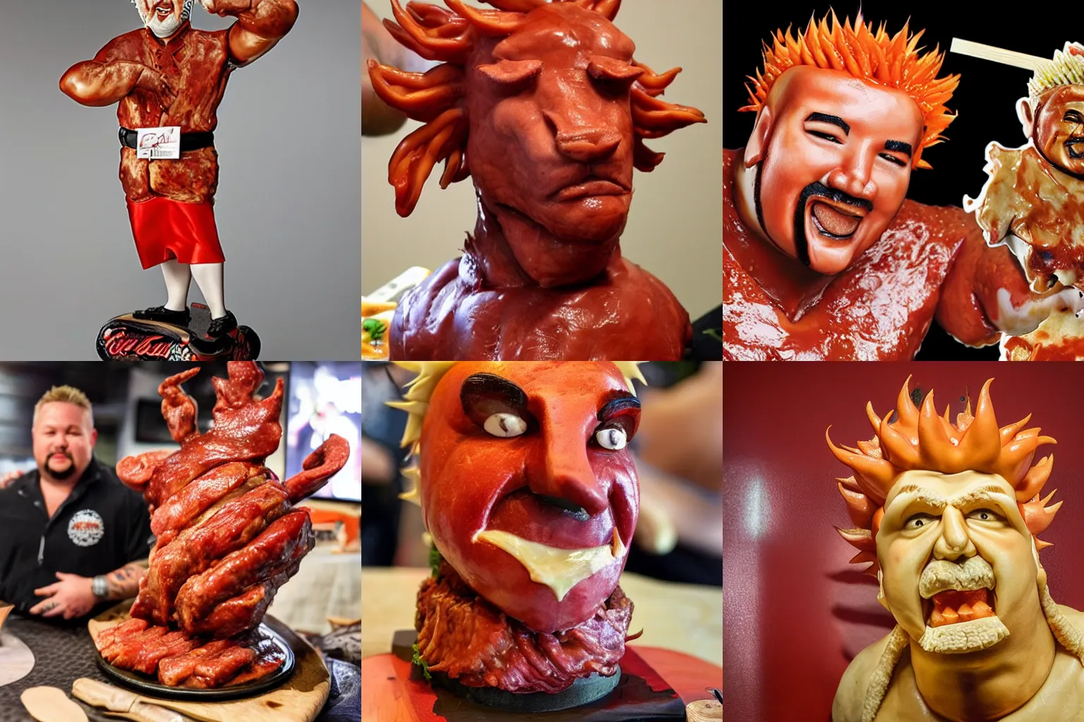 Prompt: a photo of a meat sculpture of Guy Fieri high quality detail